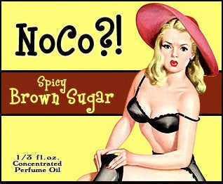 Love Potion: NoCo perfume label, featuring a cute pinup girl looking distressed that she ripped her stockings.