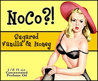 Love Potion: NoCo perfume label, featuring a cute pinup girl looking distressed that she ripped her stockings.