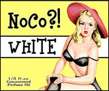Love Potion: NoCo perfume label, featuring a cute pinup girl looking distressed that she ripped her stockings.