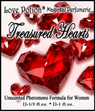 Love Potion:Treasured Hearts pheromone label featuring a scattering of beautiful red crystal hearts that look like previous gems.