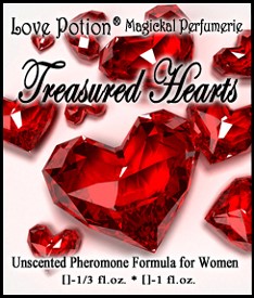 Love Potion:Treasured Hearts pheromone label featuring a scattering of beautiful red crystal hearts that look like previous gems.
